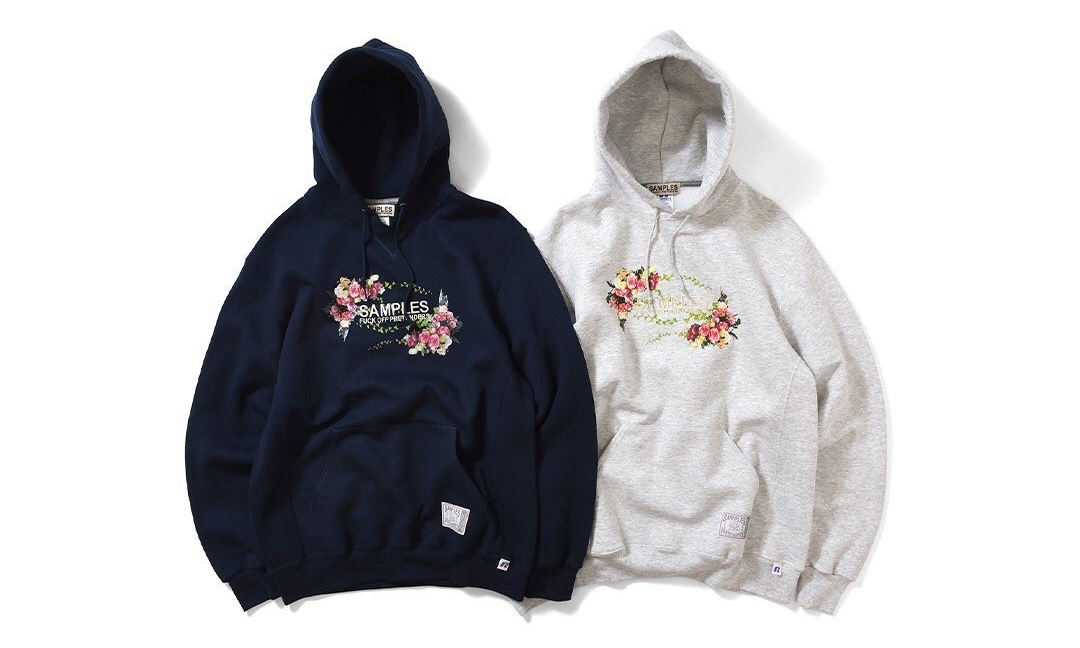 カラフルな薔薇を配置したSAMPLES × RUSSELL ATHLETIC コラボフーディ ...