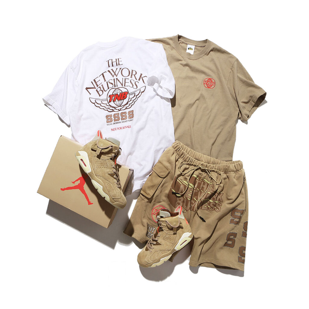 THE NETWORK BUSINESSからTRAVIS SCOTT x NIKE AIR JORDAN 6 “British Khaki”にフックアップしたTEE/ショーツが4/30 発売 (ザ・ネットワークビジネス)