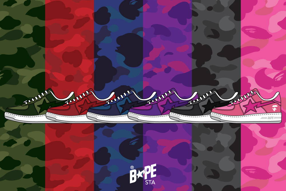 アッパー、ヒール、ロゴにはパテントレザーを使用したBAPE STA 新作「BAPE STA COLOR CAMO COMBO COLLECTION」が5/29 発売 (A BATHING APE ア ベイシング エイプ)