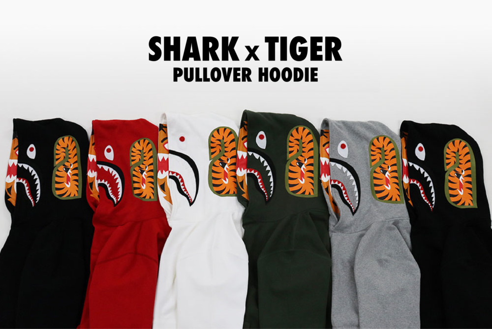 A BATHING APE から人気のタイガーとシャークのモチーフを落とし込んだフーディ「SHARK X TIGER PULLOVER HOODIEN」が9/11 発売 (ア ベイシング エイプ)