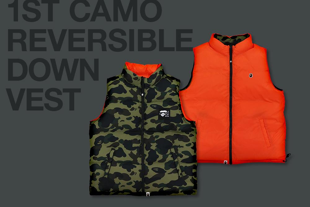 A BATHING APE からリバーシブルで2面着回せるダウンベスト「1ST CAMO REVERSIBLE DOWN VEST」が9/10、9/11 発売 (ア ベイシング エイプ)