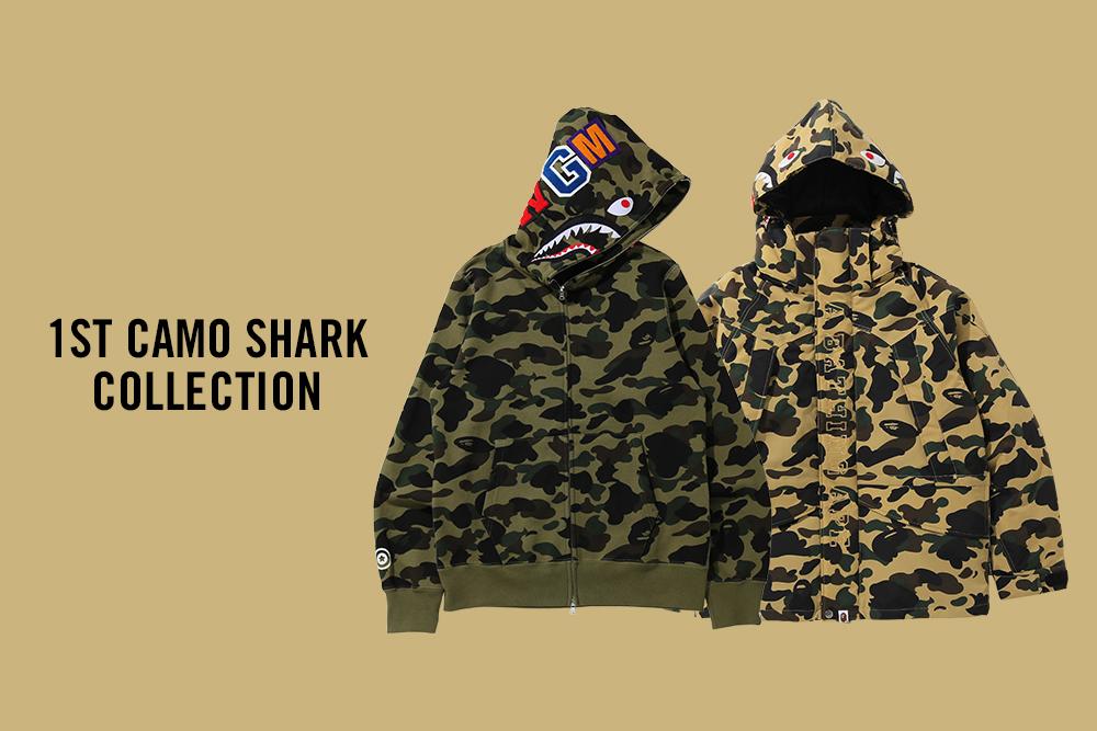 A BATHING APEから1ST CAMOとシャークモチーフを組み合わせたフーディとダウンジャケット「1ST CAMO SHARK COLLECTION」が12/10、12/11 発売 (ア ベイシング エイプ)