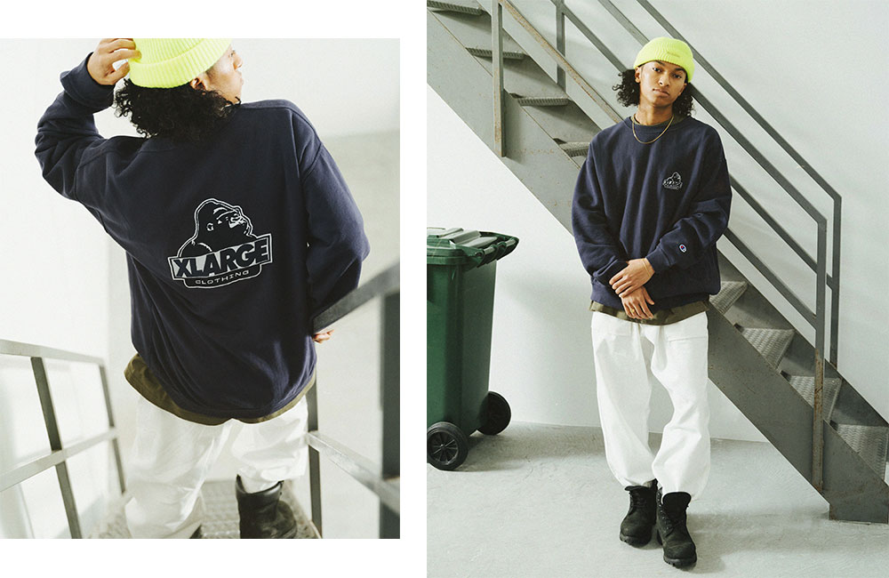 3/5 発売！XLARGE × Champion コラボレーション最新作のREVERSE WEAVE クルーネックスウェット ​(エクストララージ チャンピオン)