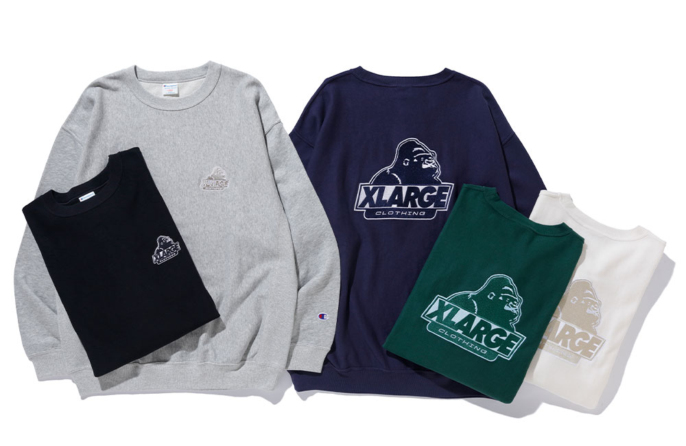 3/5 発売！XLARGE × Champion コラボレーション最新作のREVERSE WEAVE クルーネックスウェット ​(エクストララージ チャンピオン)