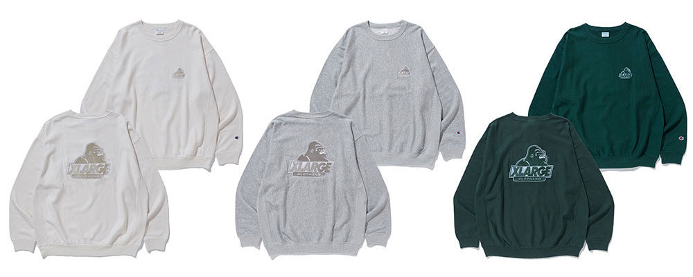 3/5 発売！XLARGE × Champion コラボレーション最新作のREVERSE WEAVE クルーネックスウェット ​(エクストララージ チャンピオン)