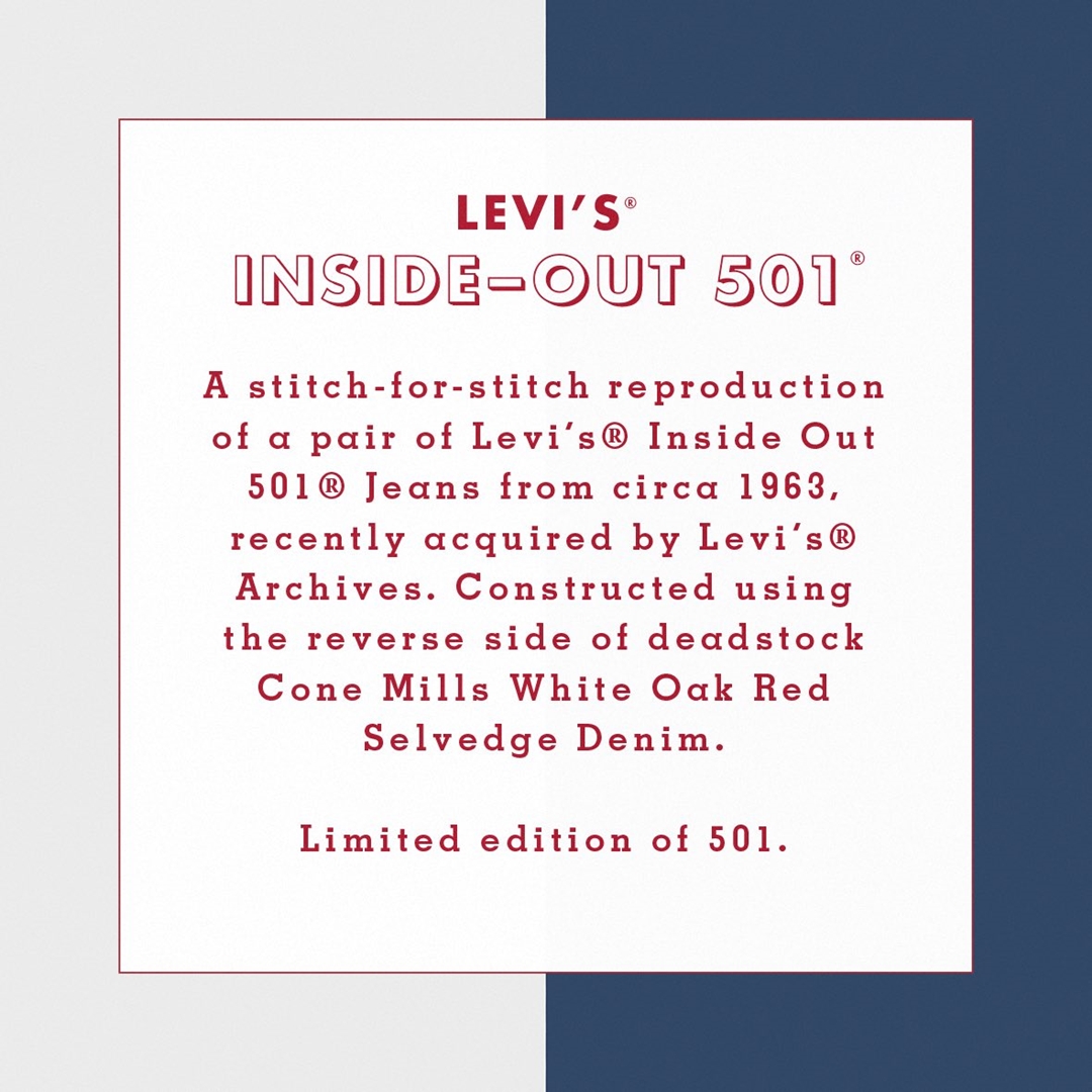 「Levi’s 501DAY」を祝し、1963年頃の裏返し「Inside Out/インサイド・アウト」仕様の501が5/20 復刻 (リーバイス)