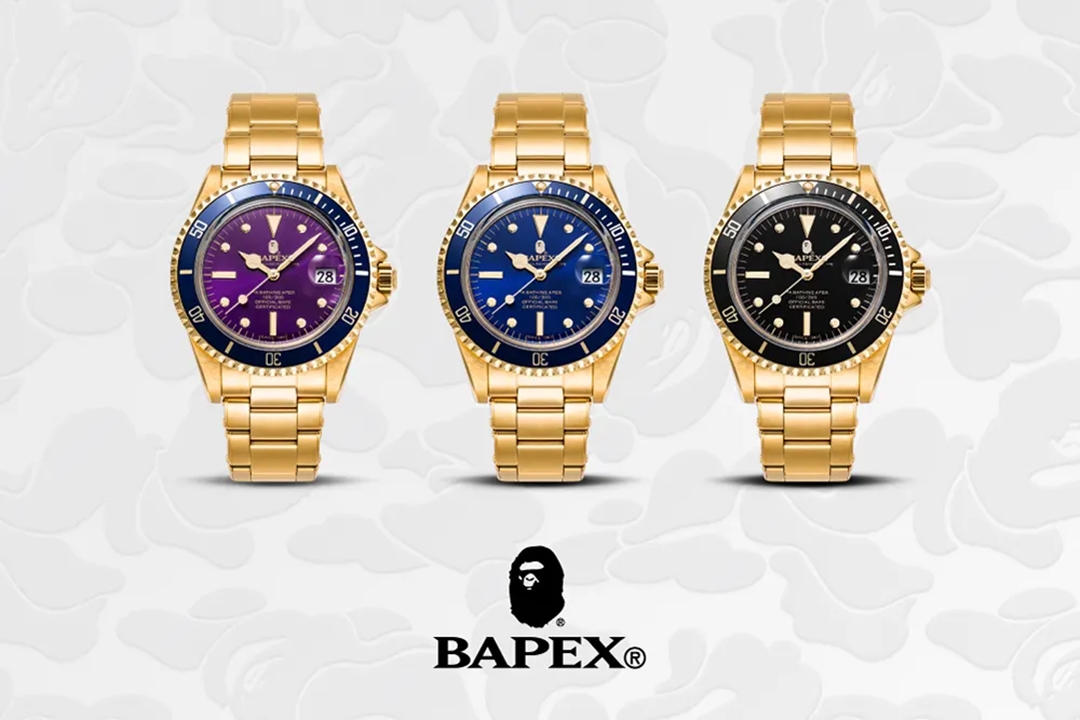 A BATHING APE ゴールドのケースにパープル、ブルー、ブラックの文字盤を組み合わせた CLASSIC TYPE 1 BAPEXが9/16、9/17 発売 (ア ベイシング エイプ)