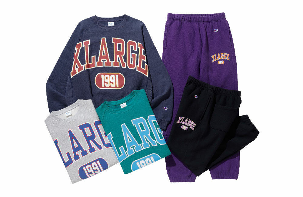 XLARGE × Champion コラボレーション最新作のREVERSE WEAVE クルーネックスウェット/スウェットパンツが10/22 発売 ​(エクストララージ チャンピオン)