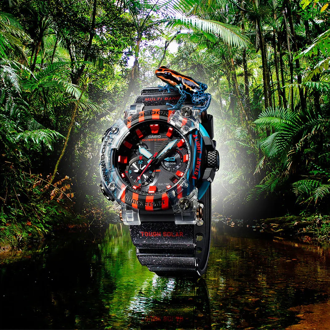 G-SHOCK「FROGMAN/フロッグマン」の30周年を記念し、南米のアマゾンに生息する希少なヤドクガエルをモチーフにしたスペシャルモデル「GWF-A1000APF-1AJR」が2023年1月発売 (Gショック ジーショック)