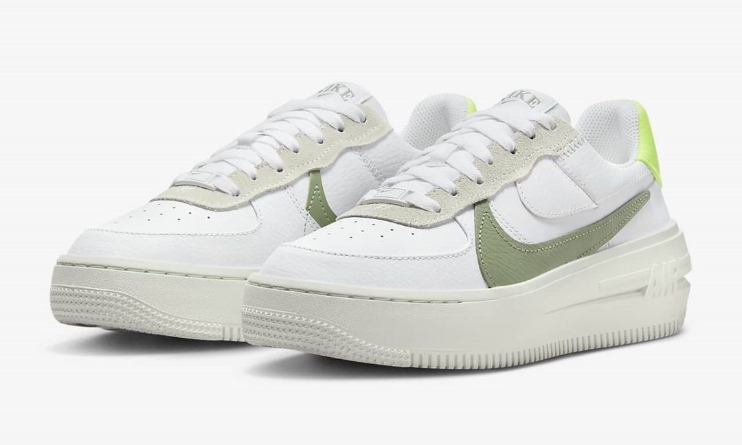 海外発売！ナイキ エア フォース 1 ロー プラットフォーム “ホワイト/オイルグリーン” (NIKE AIR FORCE 1 LOW PLTAFORM/PLT.AF.ORM “White/Oil Green”) [FJ4739-100]