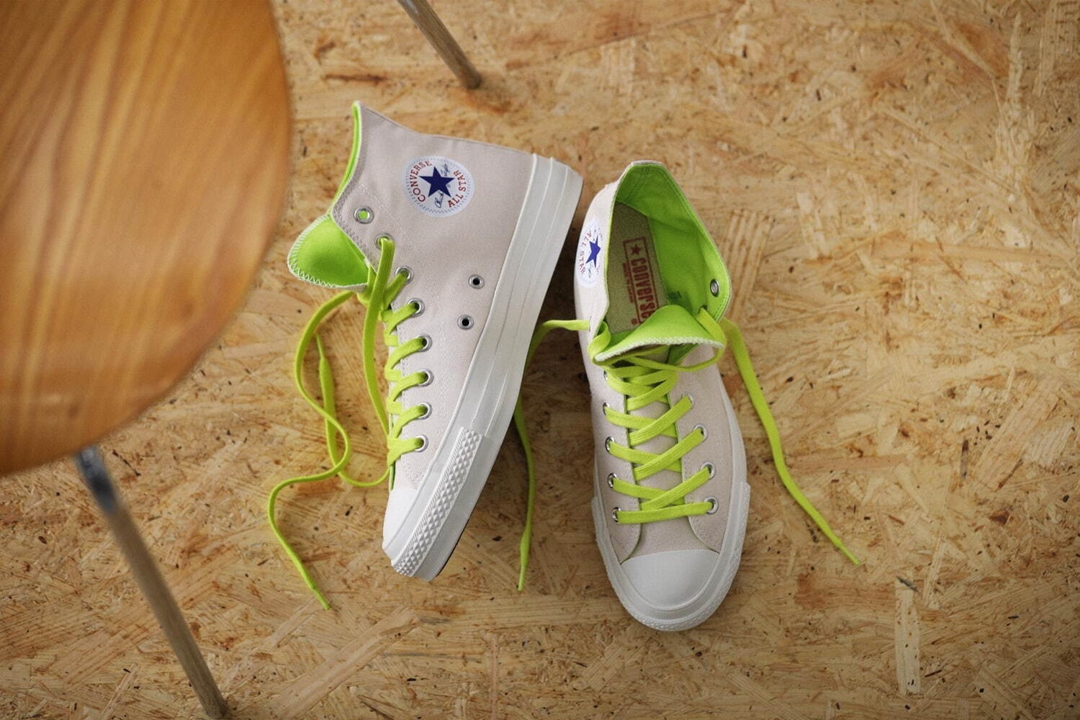 【国内 5/26 発売】日本製 オフホワイトのベースカラーにネオグリーンのディテールがアクセントとなった CONVERSE CANVAS ALL STAR J NC HI (コンバース キャンバス オールスター メイドインジャパン)