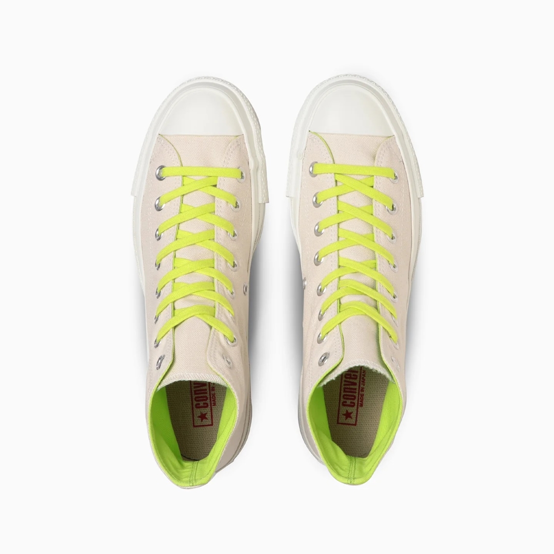 【国内 5/26 発売】日本製 オフホワイトのベースカラーにネオグリーンのディテールがアクセントとなった CONVERSE CANVAS ALL STAR J NC HI (コンバース キャンバス オールスター メイドインジャパン)