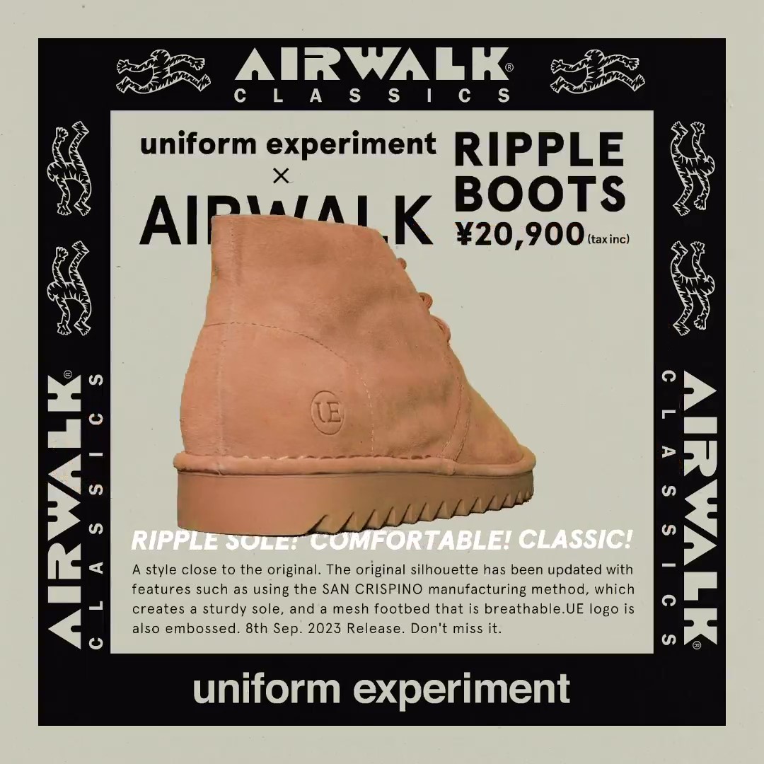 uniform experiment × AIRWALK “RIPPLE BOOTS”が9/8 から発売 (ユニフォーム・エクスペリメント エアウォーク)