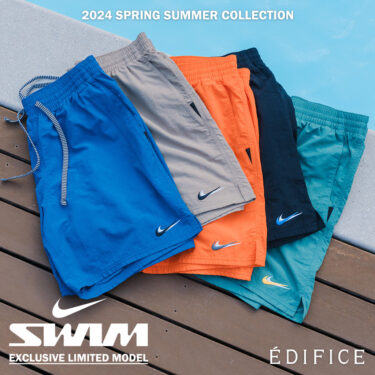 【2024年 4/19 発売】NIKE SWIM ショーツ × EDIFICE 30周年 Swash print boardshorts (水陸着用可能 エディフィス ナイキ スウォッシュ プリント ボードショーツ)