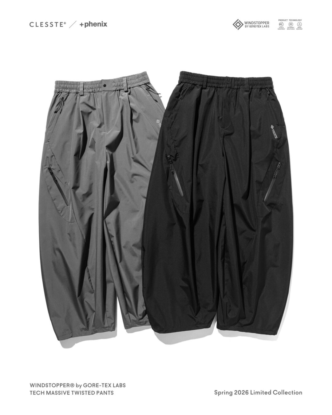 CLESSTE × Plus Phenix 2026 SS 別注 “GORE-TEX WINDSTOPPER LABS TECH MASSIVE TWISTED PANTS”が1/10 発売 (クレスト プラスフェニックス ゴアテックス ウィンドストッパー パンツ)