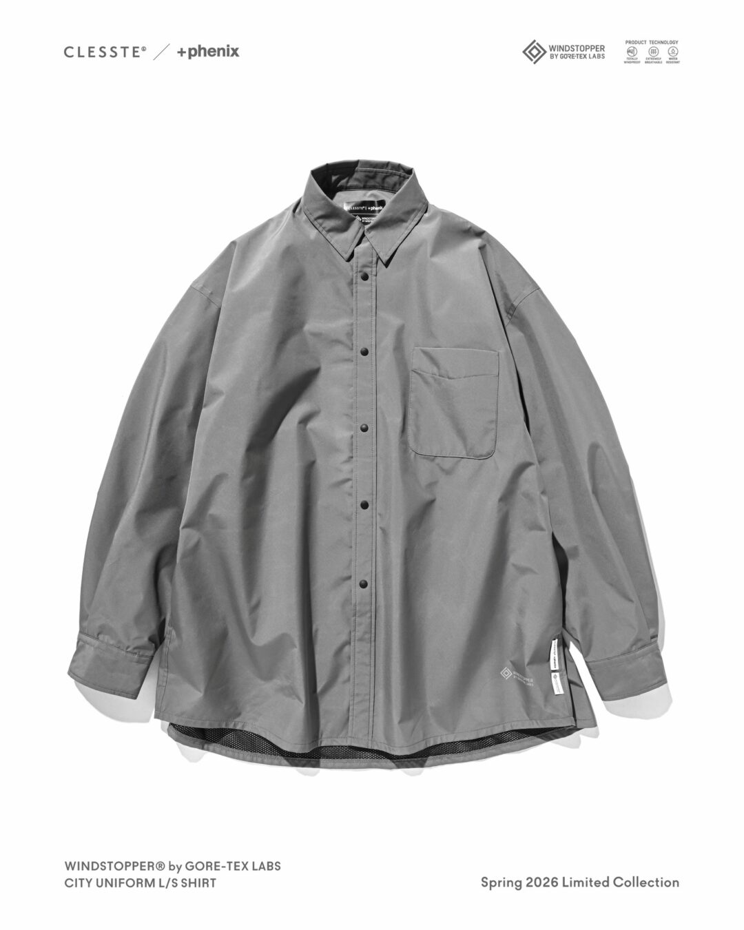 CLESSTE × Plus Phenix 2026 SS 別注 “WINDSTOPPER by GORE-TEX LABS CITY UNIFORM L/S SHIRT”が3/18 発売 (クレスト プラスフェニックス ゴアテックス ウィンドストッパー シャツ)