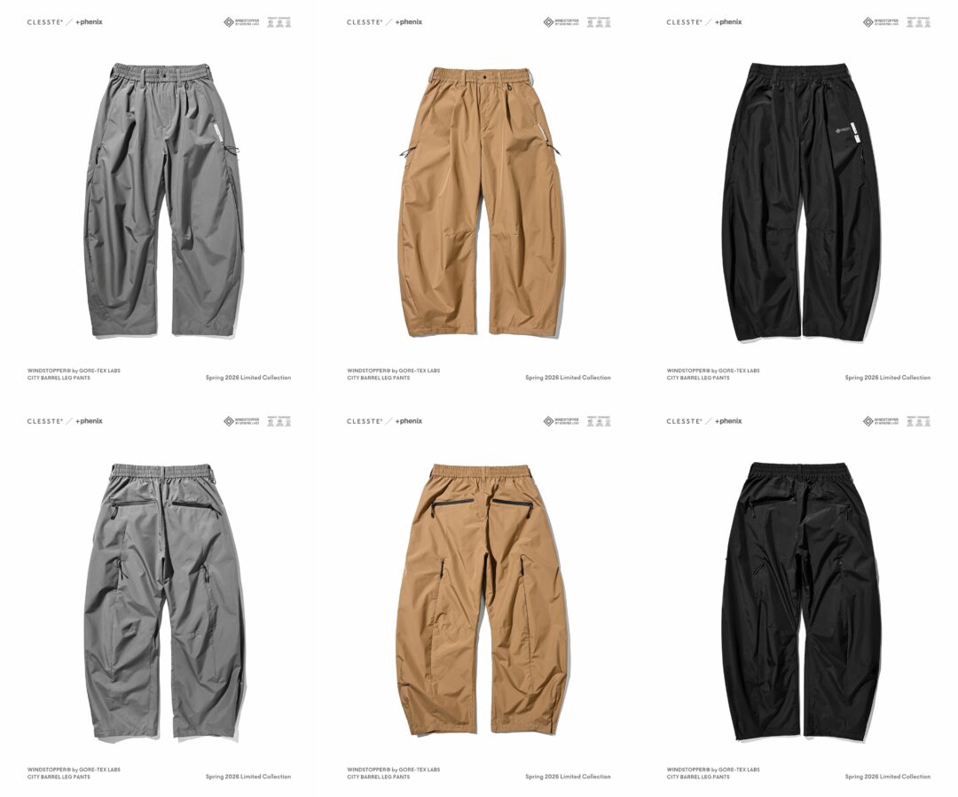 CLESSTE × Plus Phenix 2026 SS 別注 “WINDSTOPPER by GORE-TEX LABS CITY BARREL LEG PANTS”が4/1 発売 (クレスト プラスフェニックス ゴアテックス ウィンドストッパー パンツ)