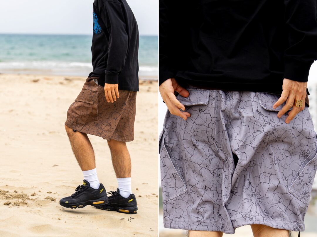 【抽選販売】独自の「クラックパターン」で描き出した S.W.U.N “Cracked Cargo Shorts” 2カラー (エスダブルユーエヌ “クラック カーゴ ショーツ”)