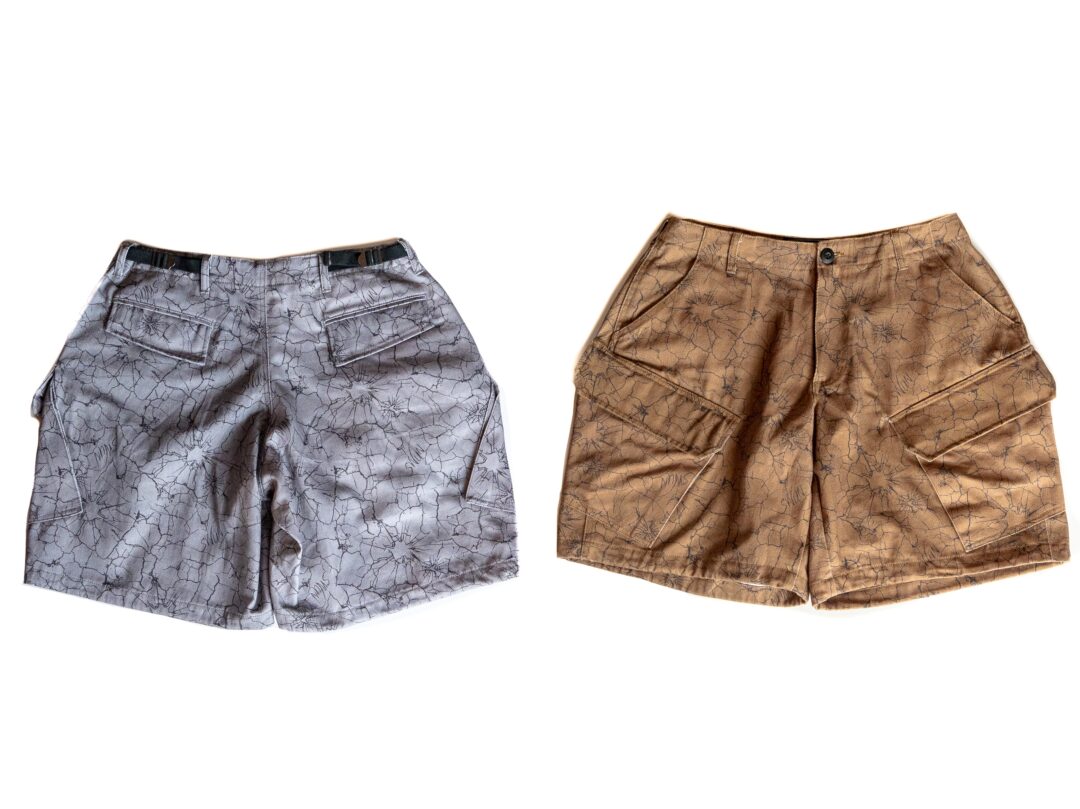 【抽選販売】独自の「クラックパターン」で描き出した S.W.U.N “Cracked Cargo Shorts” 2カラー (エスダブルユーエヌ “クラック カーゴ ショーツ”)