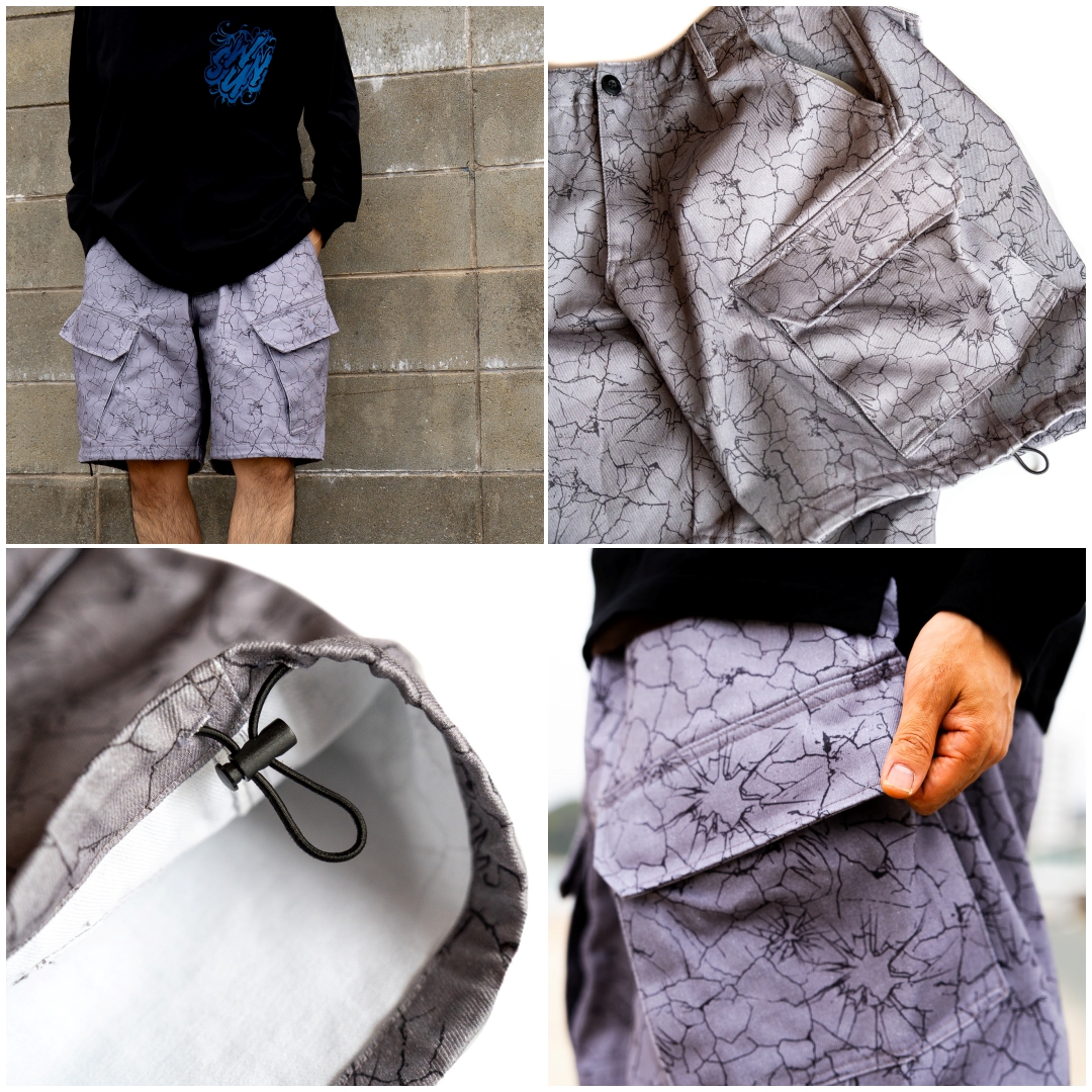【抽選販売】独自の「クラックパターン」で描き出した S.W.U.N “Cracked Cargo Shorts” 2カラー (エスダブルユーエヌ “クラック カーゴ ショーツ”)