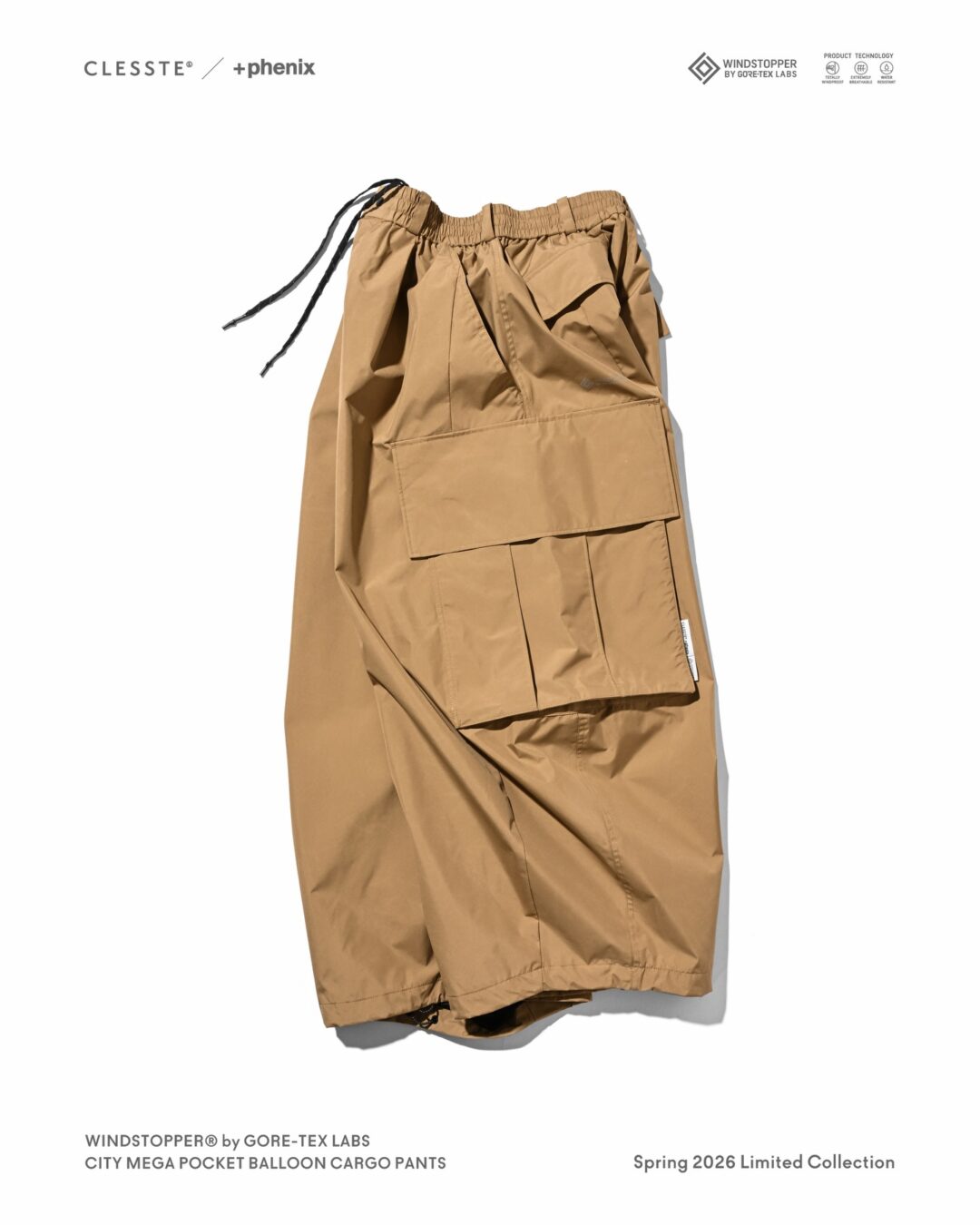 CLESSTE × Plus Phenix 2026 SS 別注 “WINDSTOPPER by GORE-TEX LABS CITY MEGA POCKET BALLOON CARGO PANTS”が4/8 発売 (クレスト プラスフェニックス ゴアテックス ウィンドストッパー パンツ)