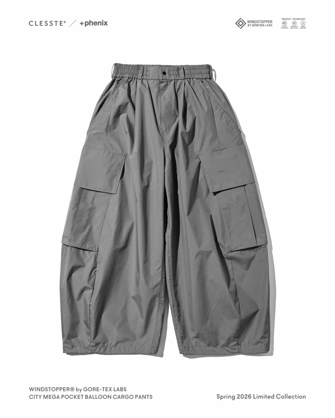 CLESSTE × Plus Phenix 2026 SS 別注 “WINDSTOPPER by GORE-TEX LABS CITY MEGA POCKET BALLOON CARGO PANTS”が4/8 発売 (クレスト プラスフェニックス ゴアテックス ウィンドストッパー パンツ)