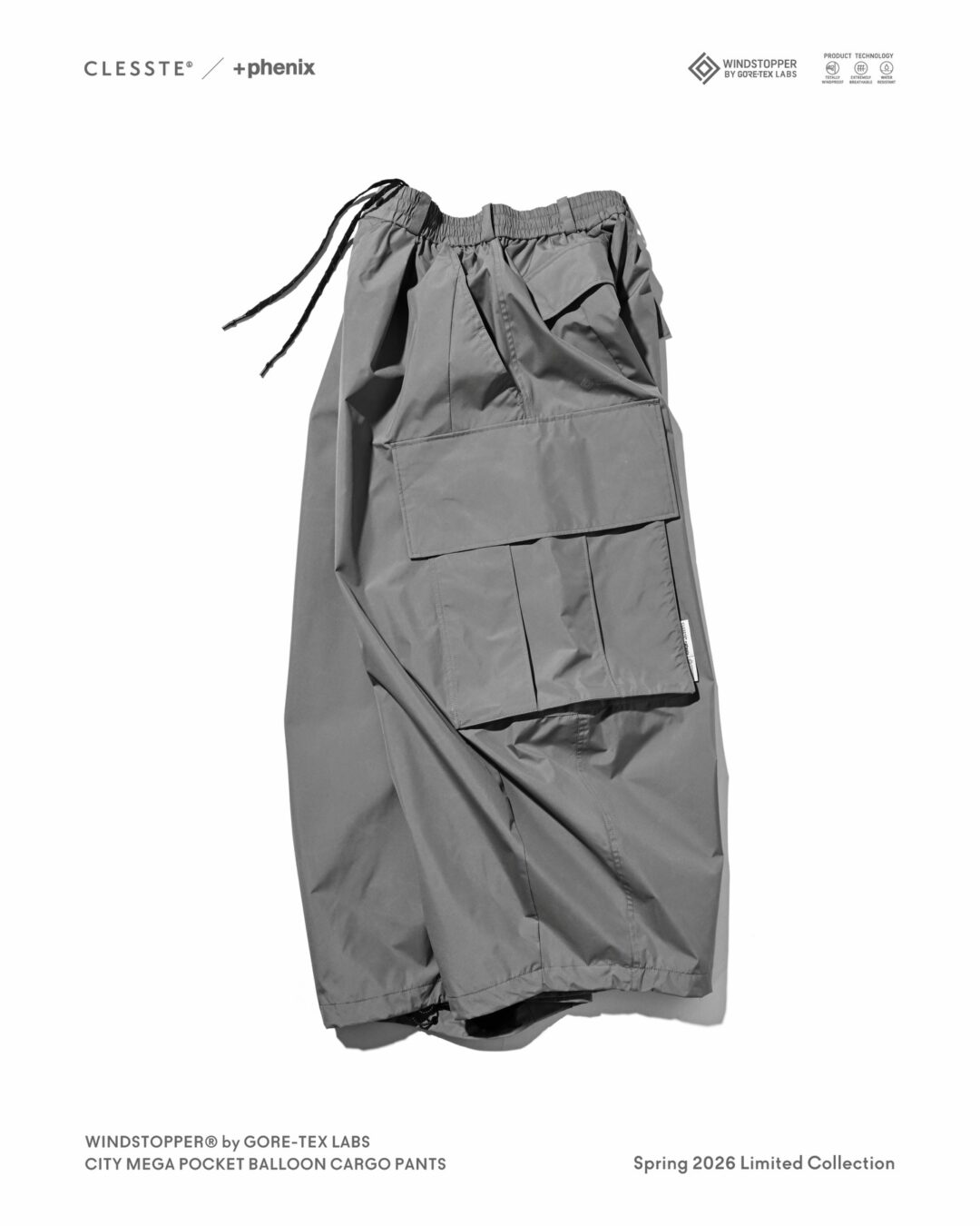 CLESSTE × Plus Phenix 2026 SS 別注 “WINDSTOPPER by GORE-TEX LABS CITY MEGA POCKET BALLOON CARGO PANTS”が4/8 発売 (クレスト プラスフェニックス ゴアテックス ウィンドストッパー パンツ)