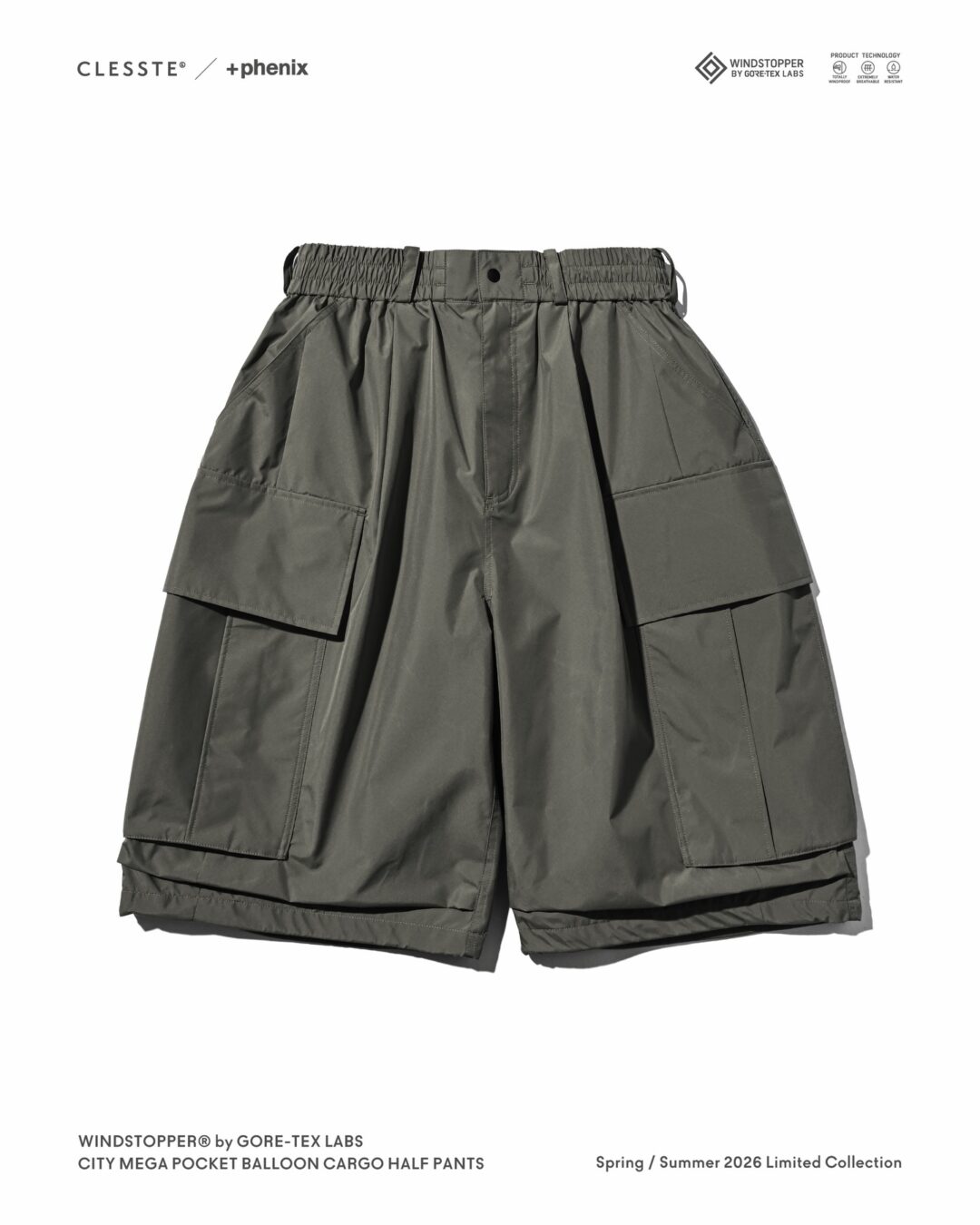 CLESSTE × Plus Phenix 2026 SS 別注 “WINDSTOPPER by GORE-TEX LABS CITY MEGA POCKET BALLOON CARGO HALF PANTS”が5/6 発売 (クレスト プラスフェニックス ゴアテックス ウィンドストッパー パンツ)
