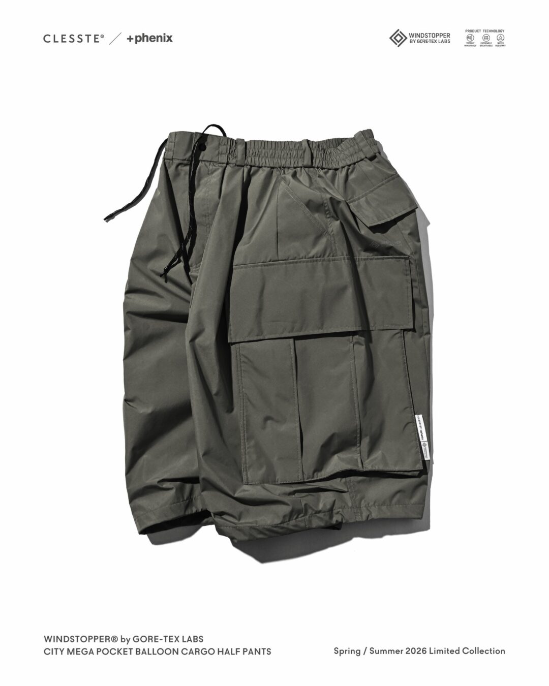 CLESSTE × Plus Phenix 2026 SS 別注 “WINDSTOPPER by GORE-TEX LABS CITY MEGA POCKET BALLOON CARGO HALF PANTS”が5/6 発売 (クレスト プラスフェニックス ゴアテックス ウィンドストッパー パンツ)