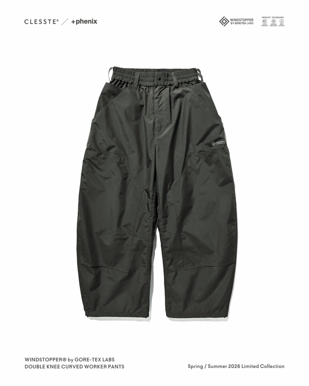 CLESSTE × Plus Phenix 2026 SS 別注 “WINDSTOPPER by GORE-TEX LABS DOUBLE KNEE CURVED WORKER PANTS”が5/27 発売 (クレスト プラスフェニックス ゴアテックス ウィンドストッパー パンツ)
