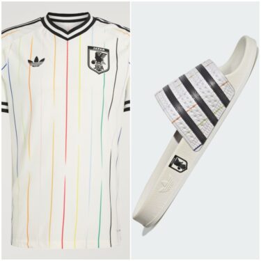 「サッカー日本代表 2026 アウェイ ユニフォーム」のデザインを採用したadidas Originals TREFOIL SLIDE JFA "White/Black"が2026年 6/26 発売 (アディダス オリジナルス トレフォイル サンダル) [KZ9400]