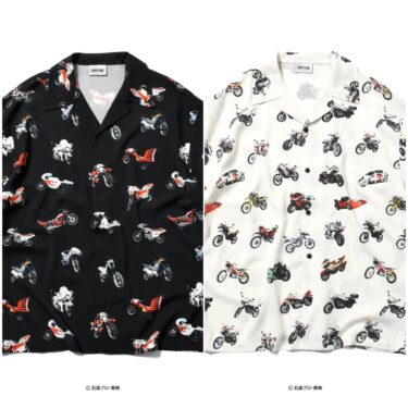 HOMEGAME × 昭和平成仮面ライダーたちの愛車をリピートパターンとして落とし込んだ開衿シャツが2026年 6/5 20:00～6/28 23:59 受注販売 (ホームゲーム Kamen Rider)