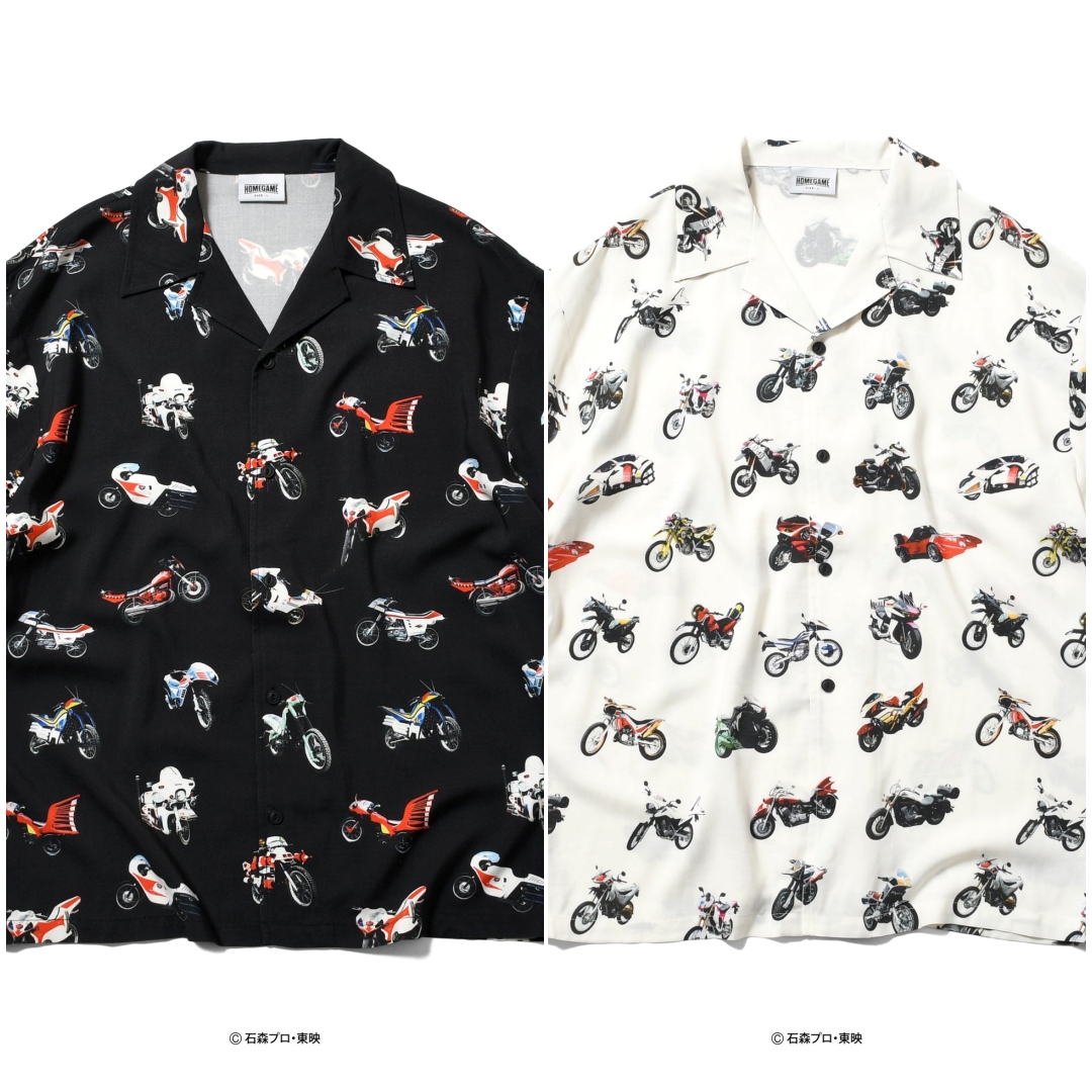 HOMEGAME × 昭和平成仮面ライダーたちの愛車をリピートパターンとして落とし込んだ開衿シャツが2026年 6/5 20:00～6/28 23:59 受注販売 (ホームゲーム Kamen Rider)