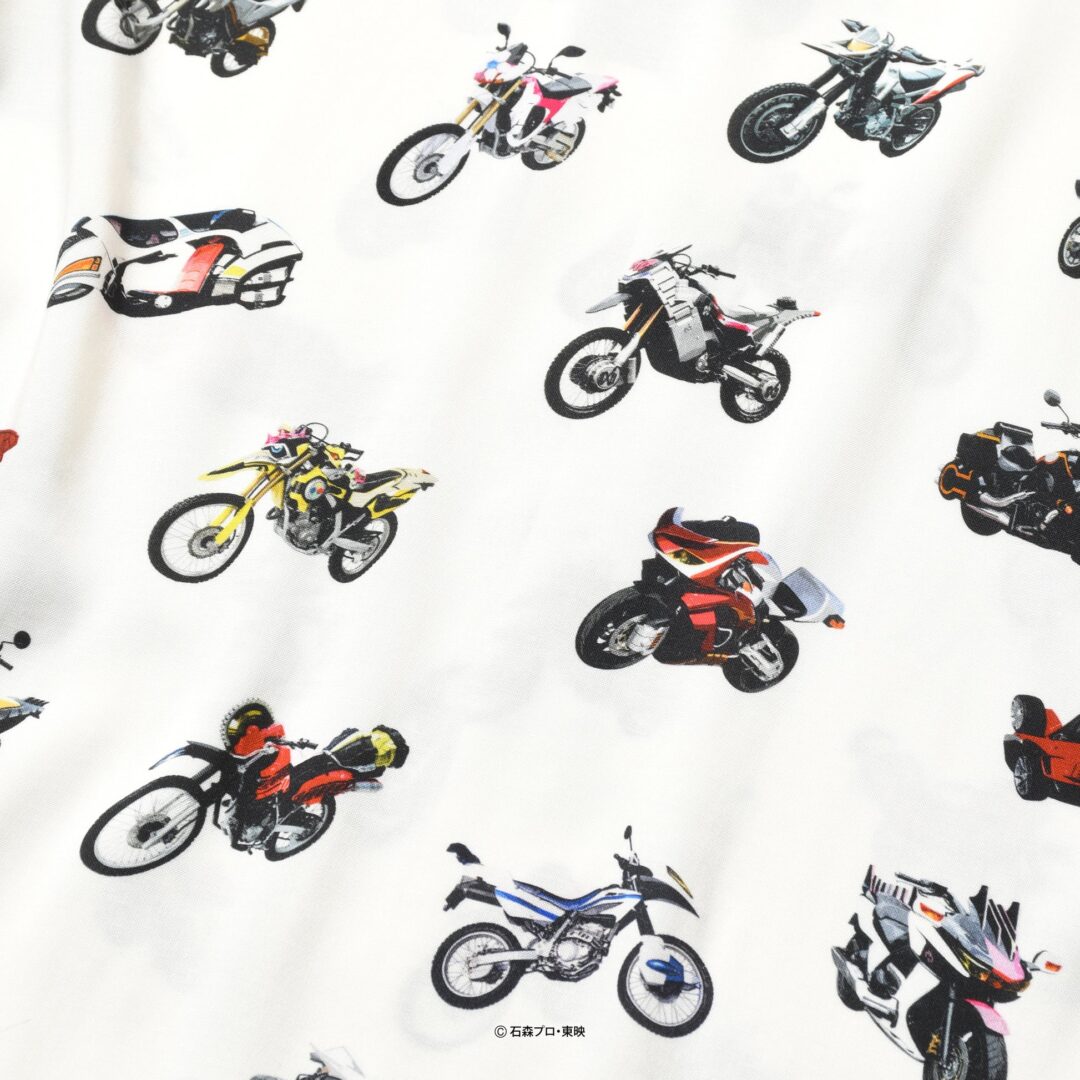 HOMEGAME × 昭和平成仮面ライダーたちの愛車をリピートパターンとして落とし込んだ開衿シャツが2026年 6/5 20:00～6/28 23:59 受注販売 (ホームゲーム Kamen Rider)