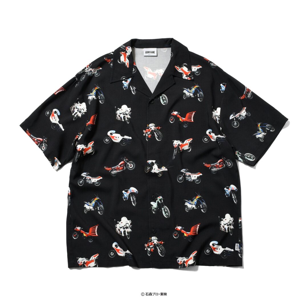 HOMEGAME × 昭和平成仮面ライダーたちの愛車をリピートパターンとして落とし込んだ開衿シャツが2026年 6/5 20:00～6/28 23:59 受注販売 (ホームゲーム Kamen Rider)