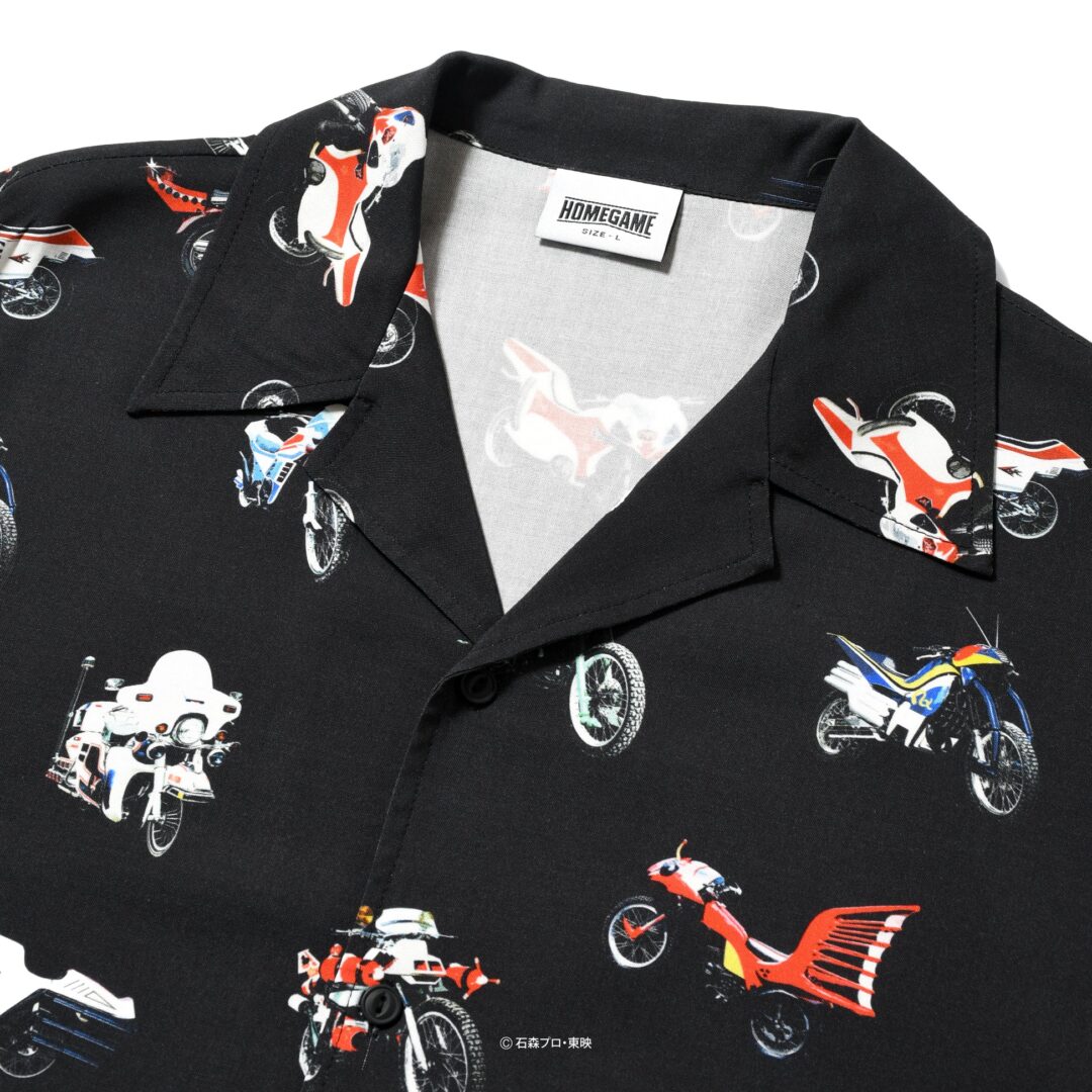HOMEGAME × 昭和平成仮面ライダーたちの愛車をリピートパターンとして落とし込んだ開衿シャツが2026年 6/5 20:00～6/28 23:59 受注販売 (ホームゲーム Kamen Rider)