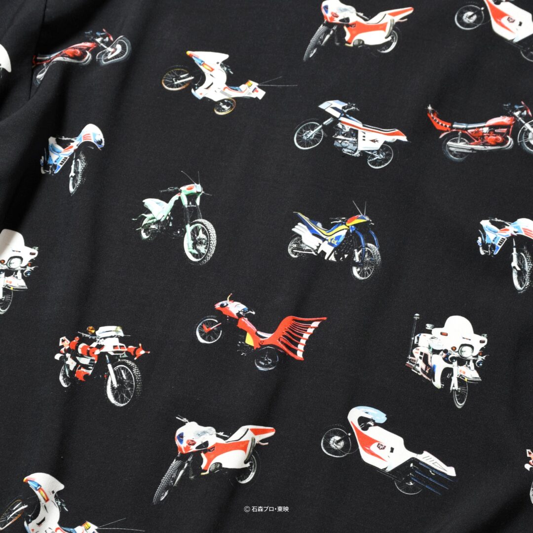 HOMEGAME × 昭和平成仮面ライダーたちの愛車をリピートパターンとして落とし込んだ開衿シャツが2026年 6/5 20:00～6/28 23:59 受注販売 (ホームゲーム Kamen Rider)