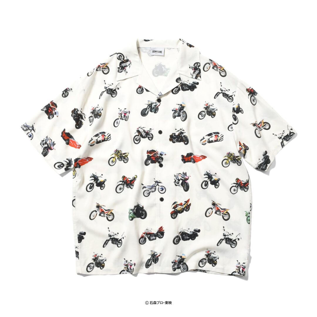HOMEGAME × 昭和平成仮面ライダーたちの愛車をリピートパターンとして落とし込んだ開衿シャツが2026年 6/5 20:00～6/28 23:59 受注販売 (ホームゲーム Kamen Rider)