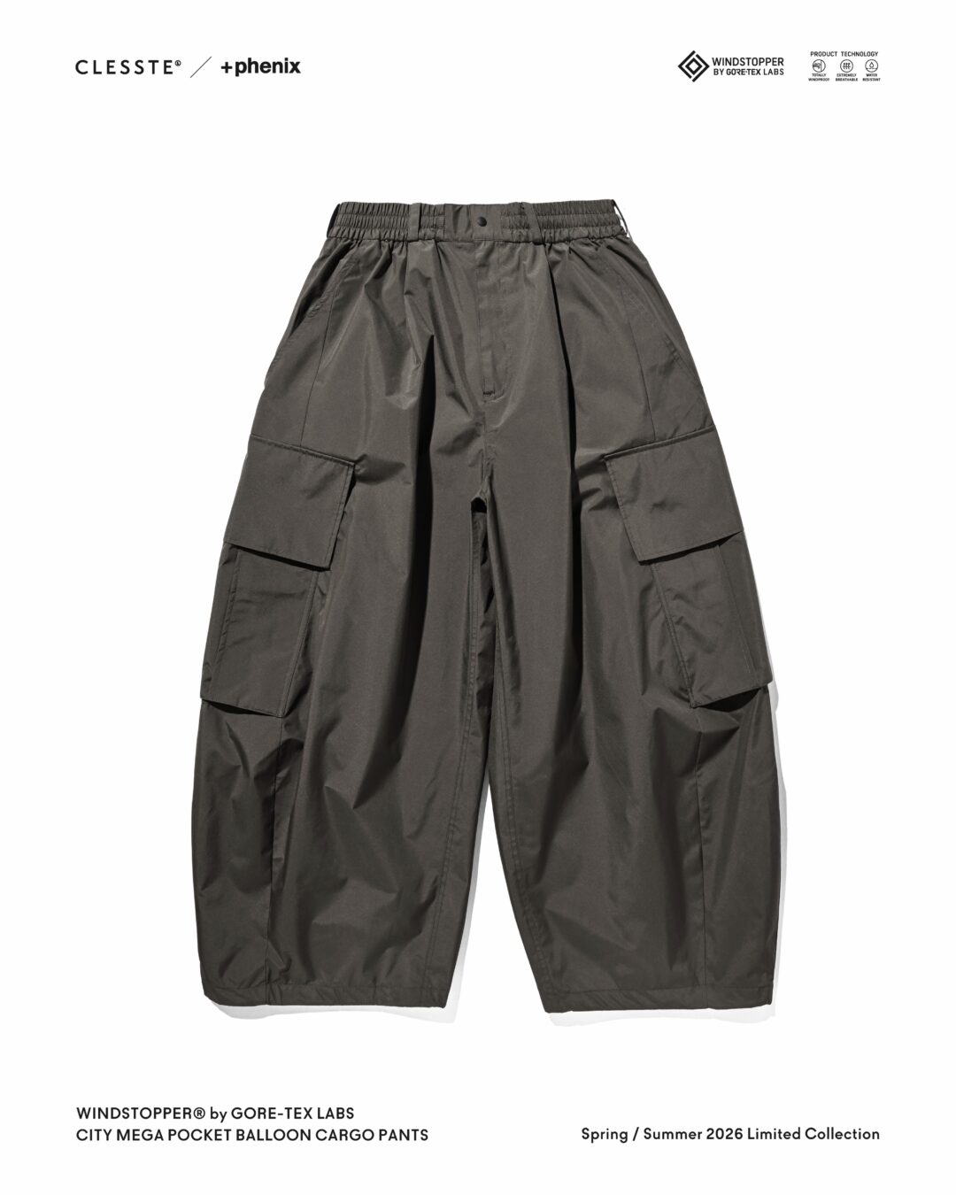 CLESSTE × Plus Phenix 2026 SS 別注 “WINDSTOPPER by GORE-TEX LABS CITY MEGA POCKET BALLOON CARGO PANTS”が7/1 発売 (クレスト プラスフェニックス ゴアテックス ウィンドストッパー パンツ)