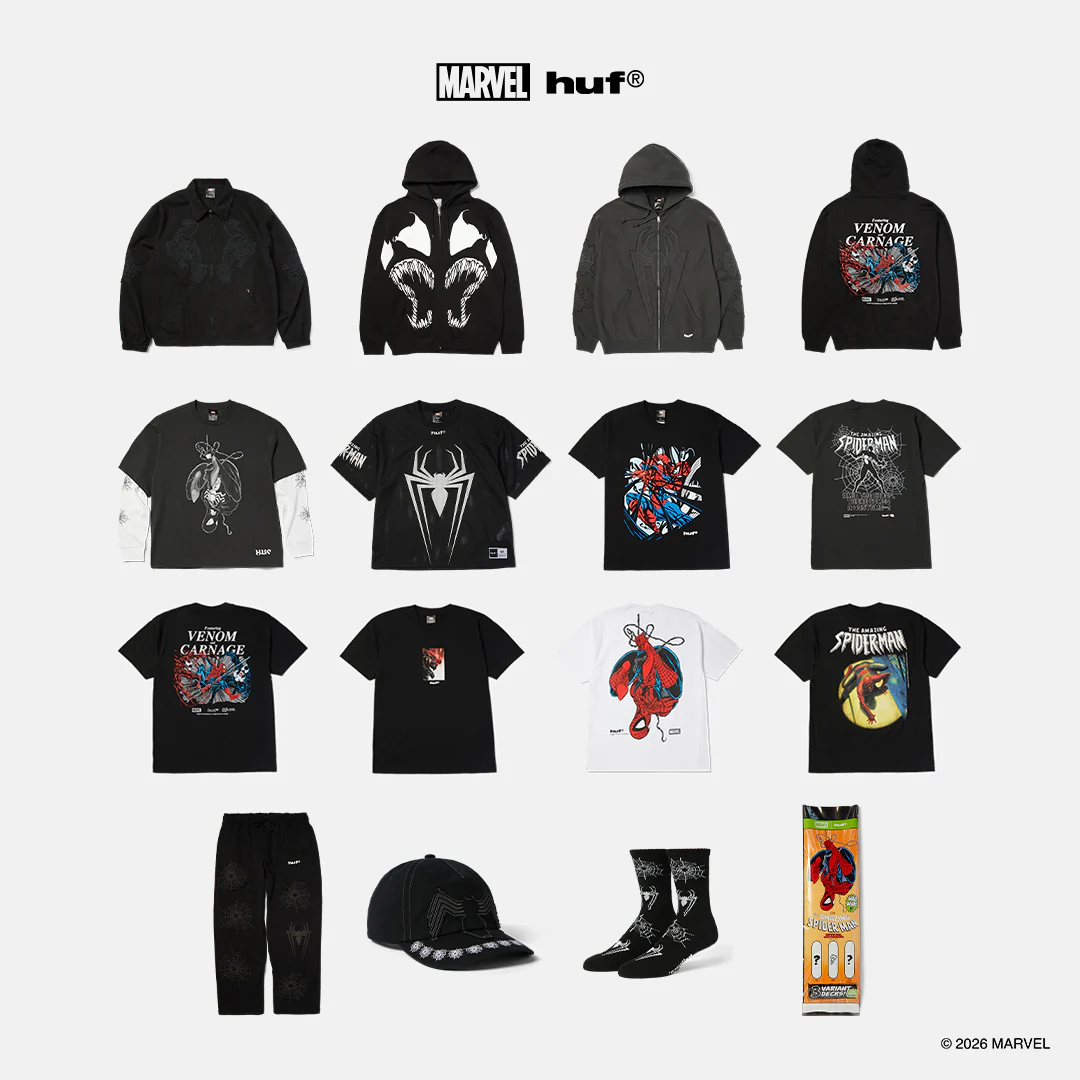 歴代のSpider-Manシリーズからインスピレーションを得た HUF × MARVEL COLLECTIONが2026年 7/24 発売 (スパイダーマン ハフ マーベル コレクション)