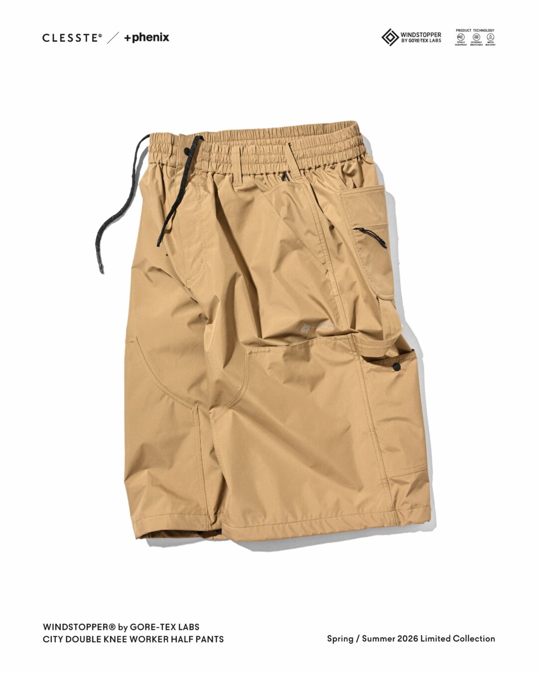 CLESSTE × Plus Phenix 2026 SS 別注 “WINDSTOPPER by GORE-TEX LABS CITY DOUBLE KNEE WORKER HALF PANTS”が7/22 発売 (クレスト プラスフェニックス ゴアテックス ウィンドストッパー パンツ)