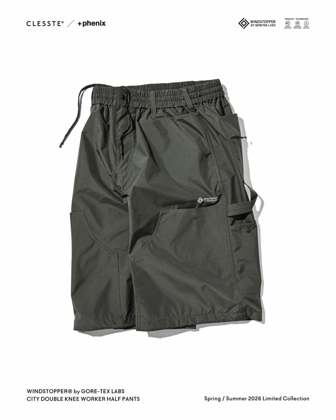 CLESSTE × Plus Phenix 2026 SS 別注 “WINDSTOPPER by GORE-TEX LABS CITY DOUBLE KNEE WORKER HALF PANTS”が7/22 発売 (クレスト プラスフェニックス ゴアテックス ウィンドストッパー パンツ)