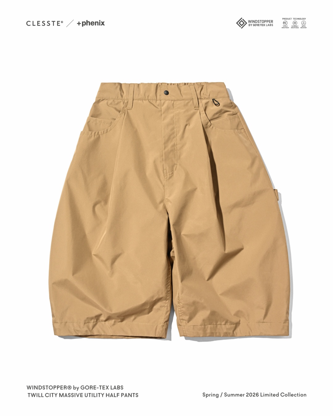 CLESSTE × Plus Phenix 2026 SS 別注 “WINDSTOPPER by GORE-TEX LABS TWILL CITY MASSIVE UTILITY HALF PANTS”が7/8 発売 (クレスト プラスフェニックス ゴアテックス ウィンドストッパー パンツ)