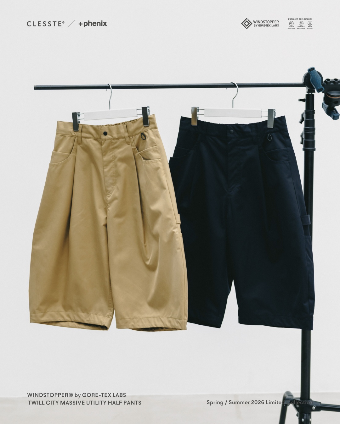 CLESSTE × Plus Phenix 2026 SS 別注 “WINDSTOPPER by GORE-TEX LABS TWILL CITY MASSIVE UTILITY HALF PANTS”が7/8 発売 (クレスト プラスフェニックス ゴアテックス ウィンドストッパー パンツ)