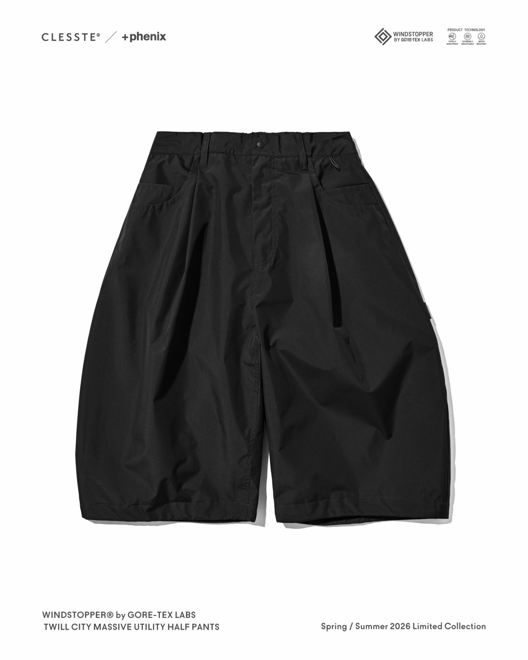CLESSTE × Plus Phenix 2026 SS 別注 “WINDSTOPPER by GORE-TEX LABS TWILL CITY MASSIVE UTILITY HALF PANTS”が7/8 発売 (クレスト プラスフェニックス ゴアテックス ウィンドストッパー パンツ)