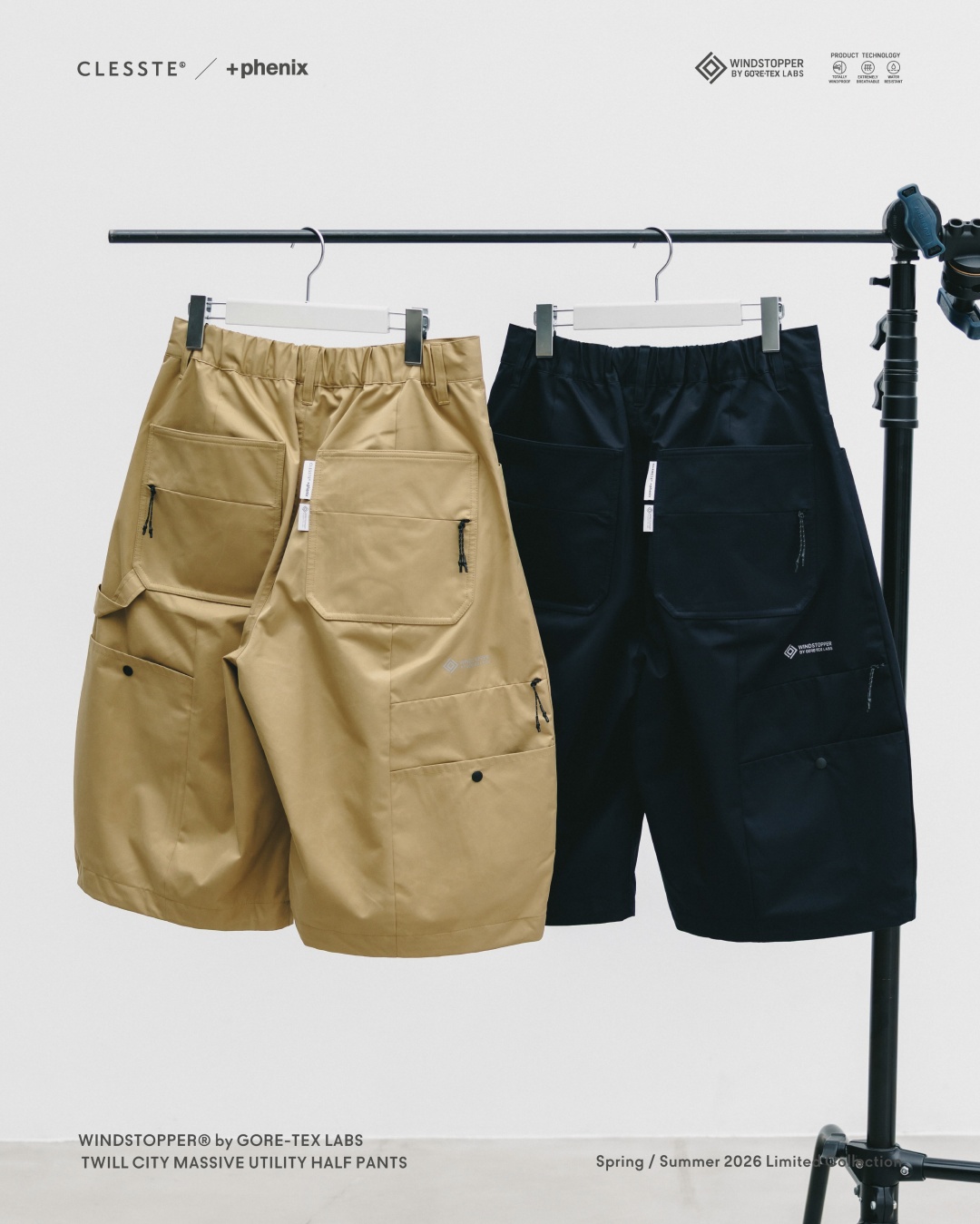 CLESSTE × Plus Phenix 2026 SS 別注 “WINDSTOPPER by GORE-TEX LABS TWILL CITY MASSIVE UTILITY HALF PANTS”が7/8 発売 (クレスト プラスフェニックス ゴアテックス ウィンドストッパー パンツ)