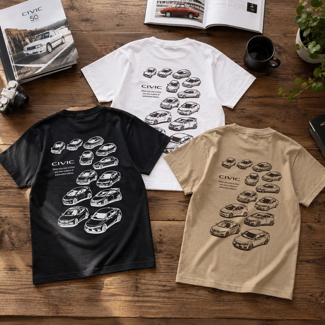 Honda シビックの歴代モデルが大集合のデザイン!”CIVICヒストリーTシャツ”に新色が登場 (ホンダ)