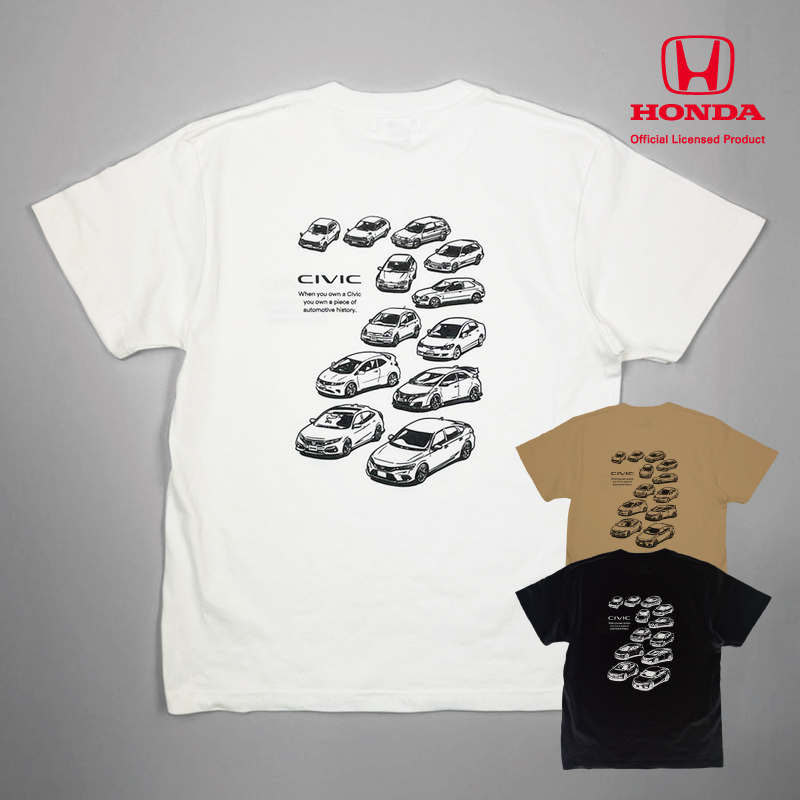 Honda シビックの歴代モデルが大集合のデザイン!”CIVICヒストリーTシャツ”に新色が登場 (ホンダ)