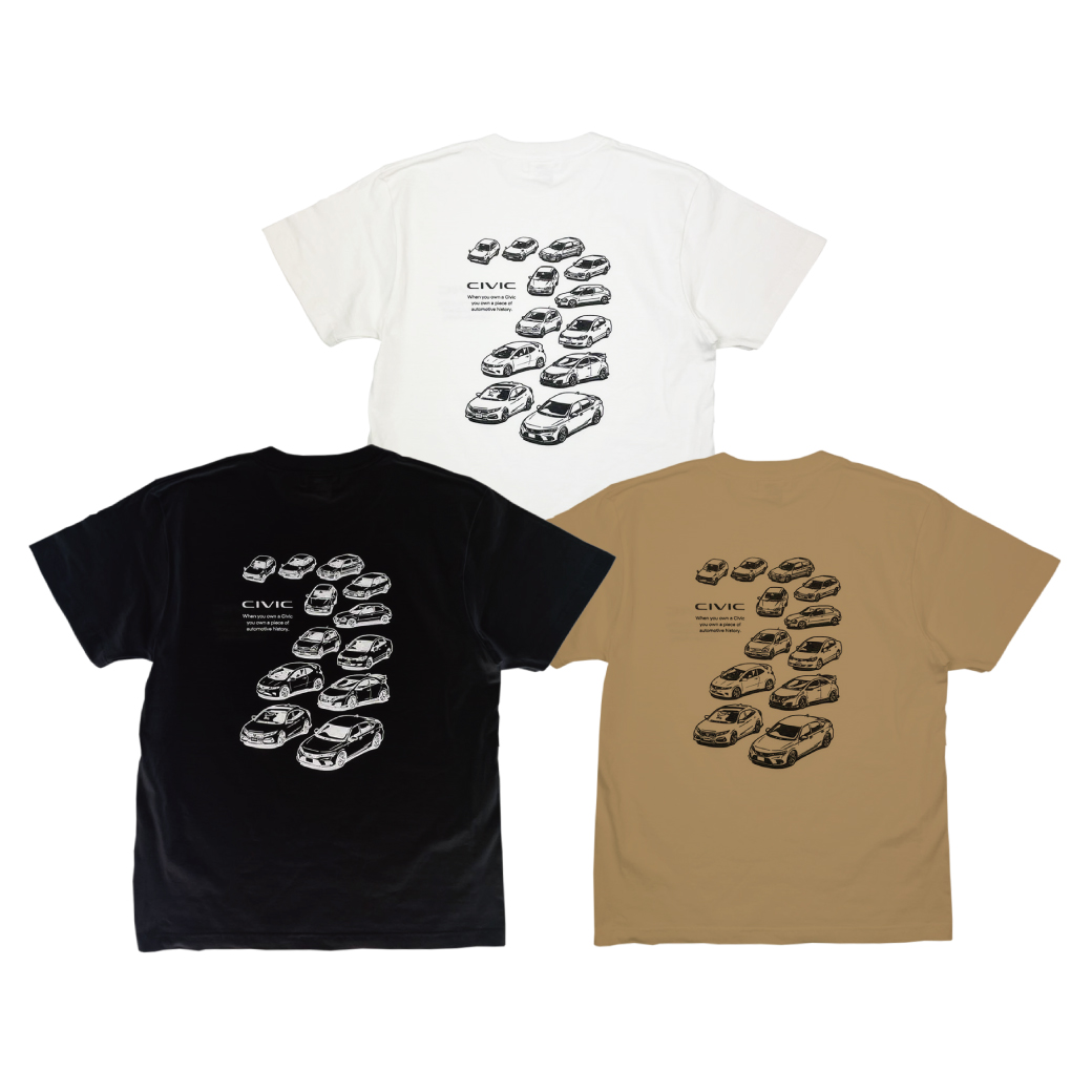 Honda シビックの歴代モデルが大集合のデザイン!”CIVICヒストリーTシャツ”に新色が登場 (ホンダ)
