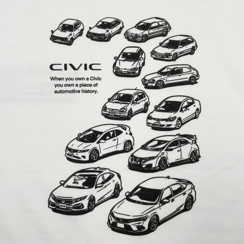 Honda シビックの歴代モデルが大集合のデザイン!”CIVICヒストリーTシャツ”に新色が登場 (ホンダ)